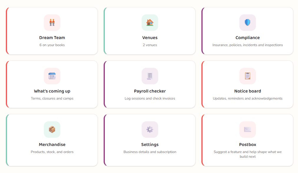 The aluma dashboard with tiles for your team, venues, compliance, calendar, payroll checker, notice board, merchandise, settings and the suggestion postbox