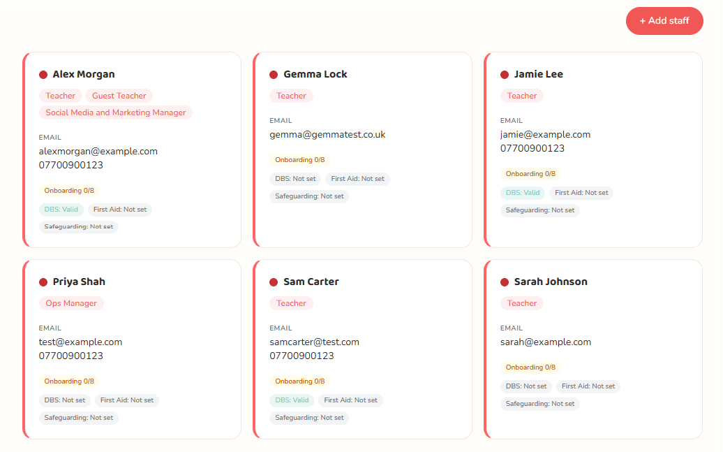 Staff cards showing each person's roles and their DBS, first aid and safeguarding status